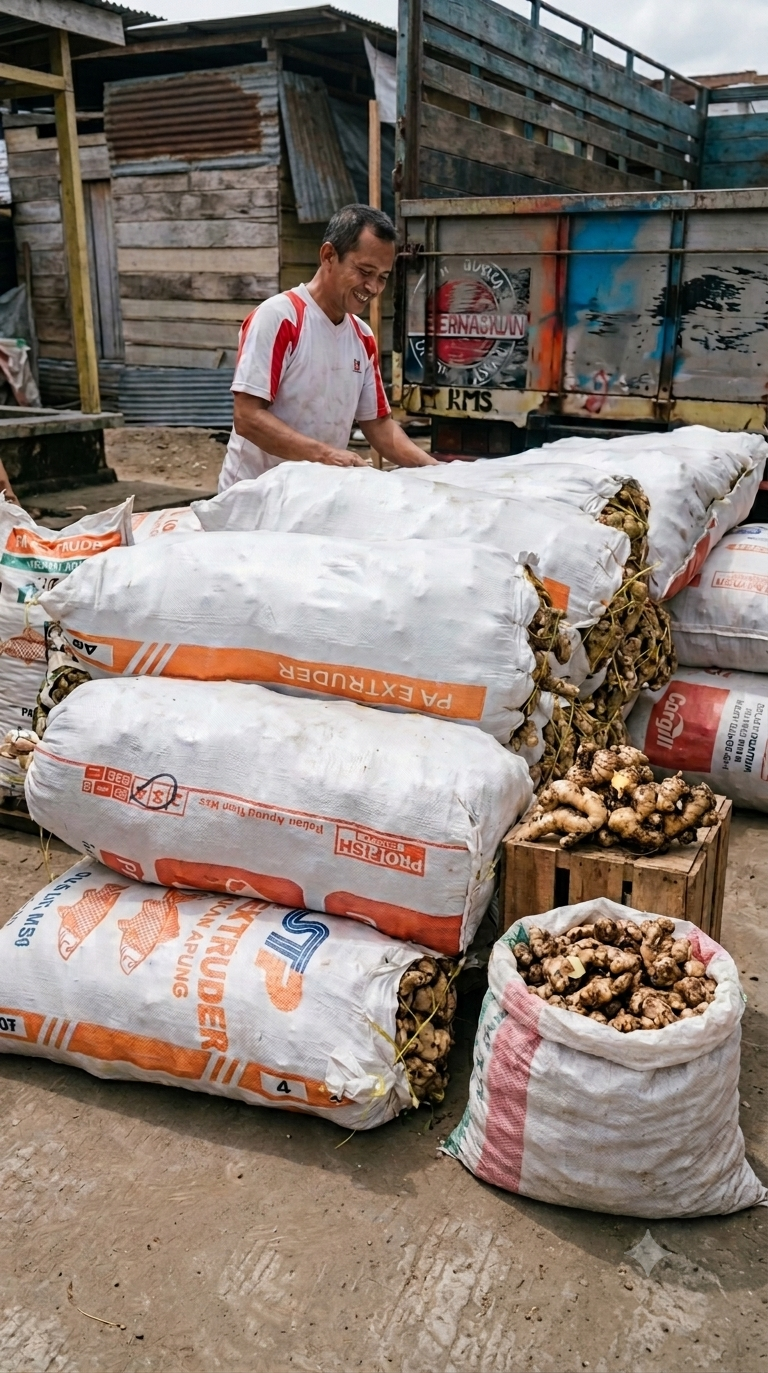 Karung jahe hasil panen petani mitra siap didistribusikan