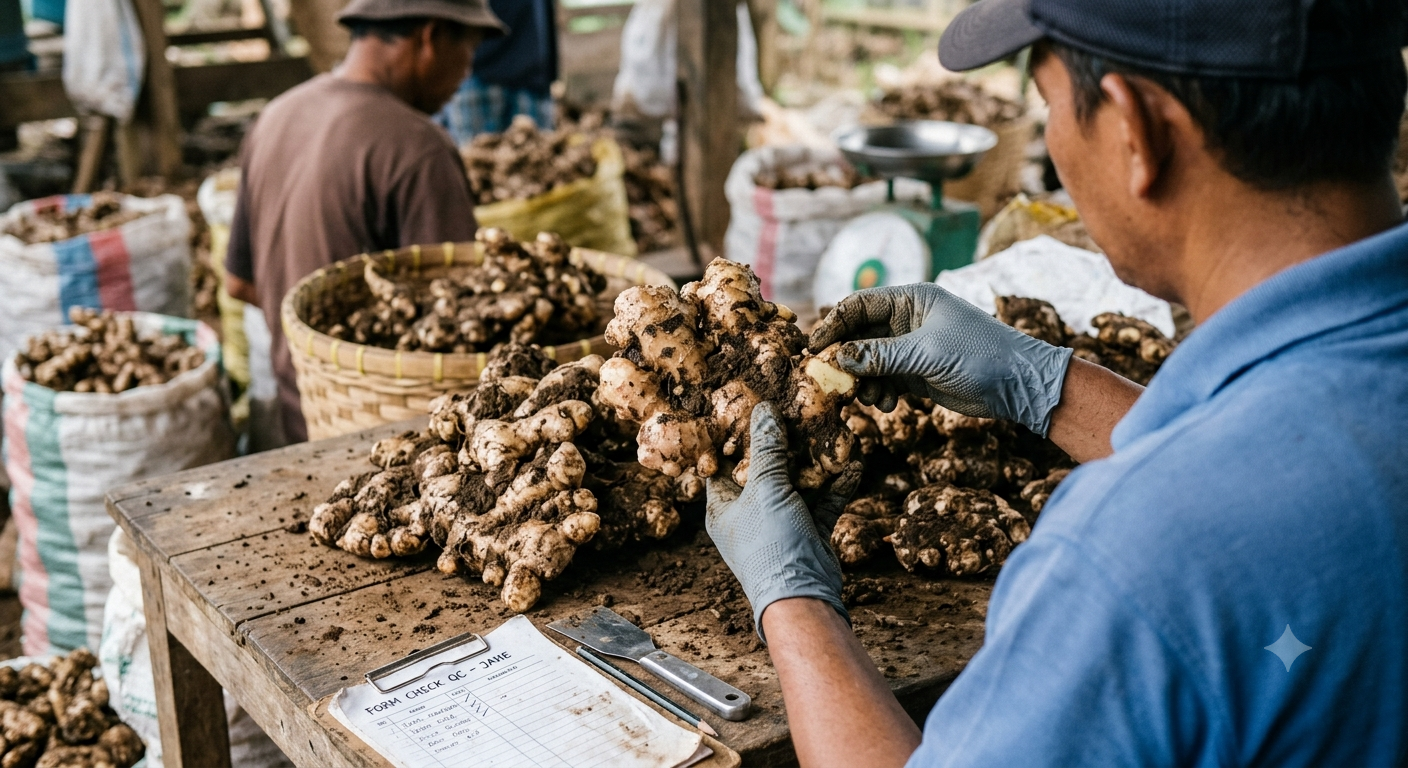 Proses kontrol kualitas jahe di meja sortir